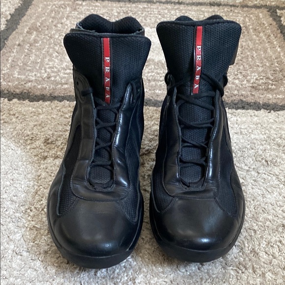 Prada leather black lace up high boots men size 12 - Picture 1 of 7